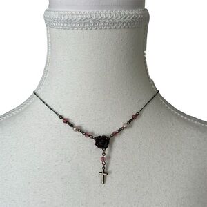 Y2K Mini Pink Beaded Rose and Cross Pendant Necklace